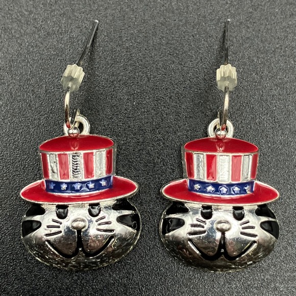 Unbranded Jewelry - Patriotic Cat Drop Earrings Silver Tone Uncle Sam‎ Hat Red White Blue  Americana